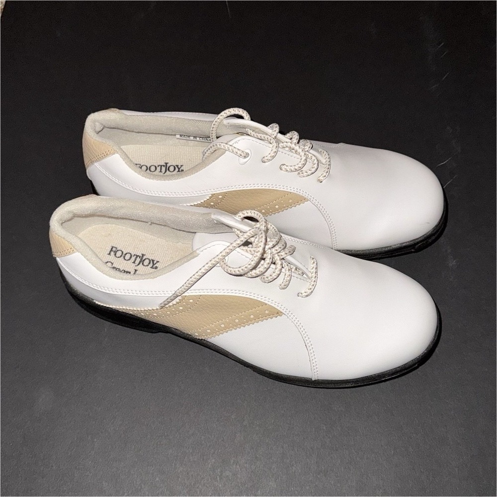 Men's Size 8.5 FootJoy GreenJoys White Beige Golf Shoes Leather Sneaker Spikes